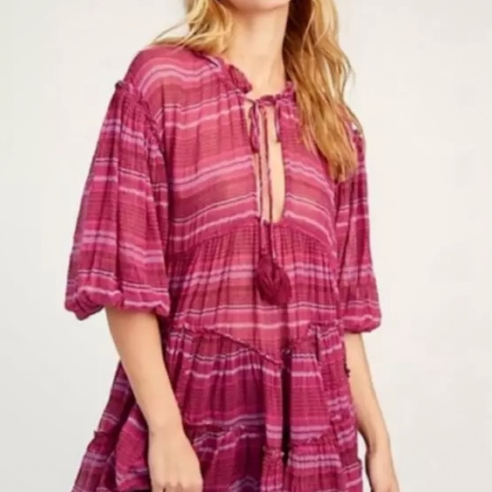 Free People Gianna Striped Tunic Dress in Red Wine Oversized Boho Size XS Gauzy
